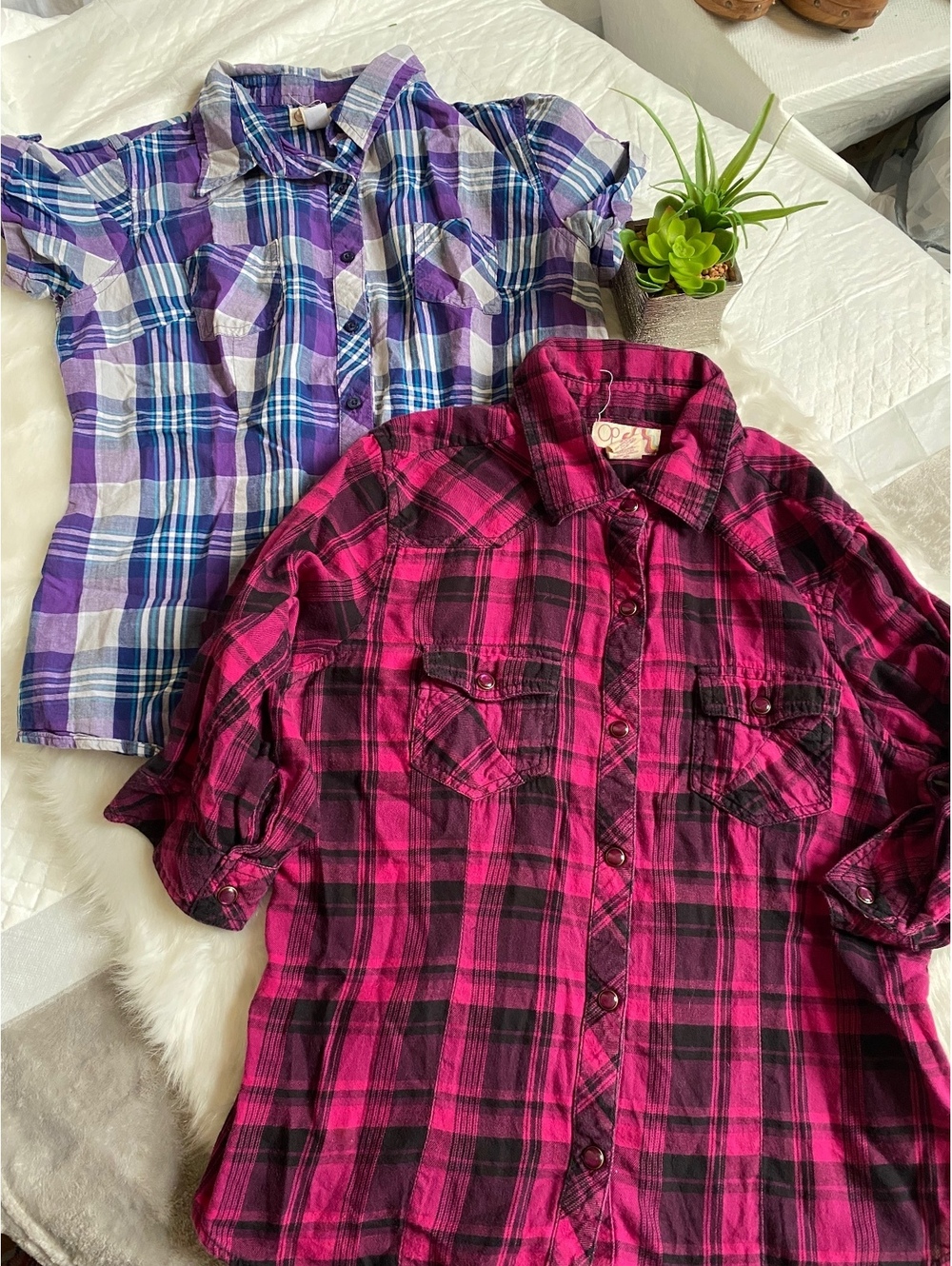 Set of Two Women's Plaid Button-Up Shirts - Pink & Purple